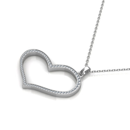 Angled view of white gold open heart diamond pendant showing the chain bail