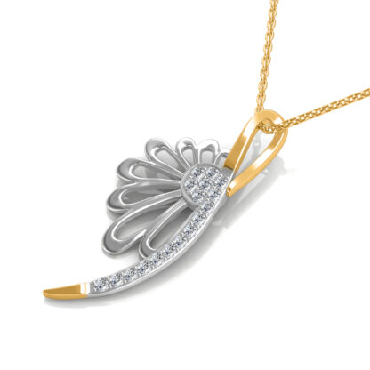 Side profile of two-tone gold flower pendant showing the diamond tail depth