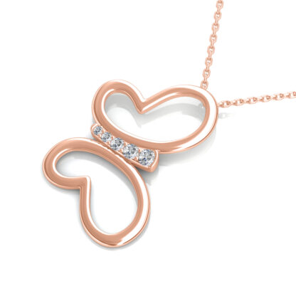 Side profile of rose gold butterfly pendant showing the open wire outline