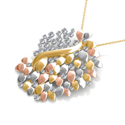 Angled view of tri-color gold diamond bouquet pendant showing the chain bail