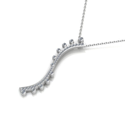 Angled view of white gold curved diamond pendant showing the chain bail