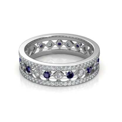 Front view of white gold band with alternating blue sapphires and diamond-shaped frames between two pave diamond rows