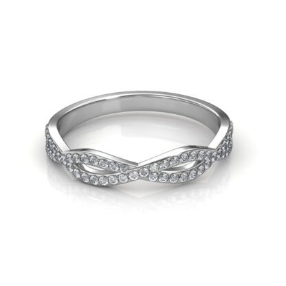 Front view of white gold twisted infinity diamond band