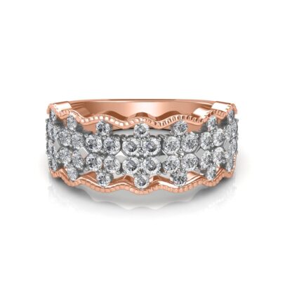 Front view of rose gold scalloped diamond lace band ring