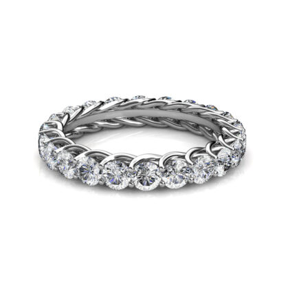 Front view of white gold U-prong full eternity ring with twisted gallery