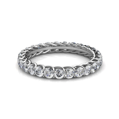 Front view of white gold or platinum U-prong full eternity ring with twisted gallery