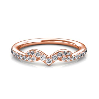 Front view of rose gold twisted V pave diamond stacking band
