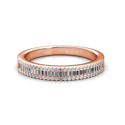 Front view of rose gold baguette diamond half eternity band