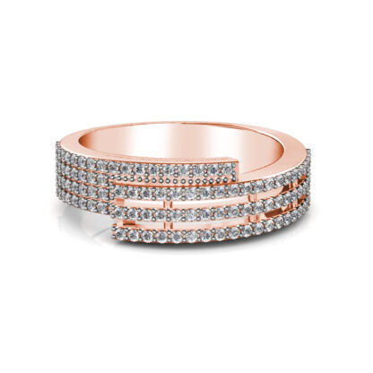 Front view of rose gold four row pave diamond bypass band