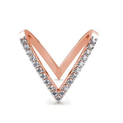Front view of rose gold elongated V pave diamond ring