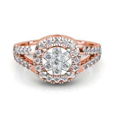 Front view of rose gold illusion cluster halo split shank ring