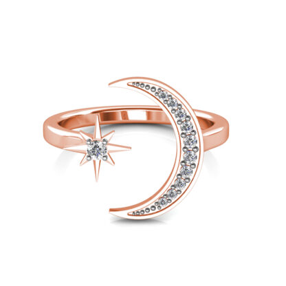 Front view of rose gold crescent moon and star diamond ring