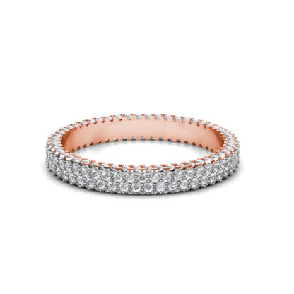 Front view of rose gold triple row pave diamond eternity band