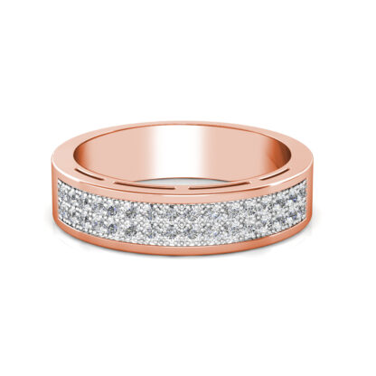 Front view of rose gold wide two-row pave diamond slotted band