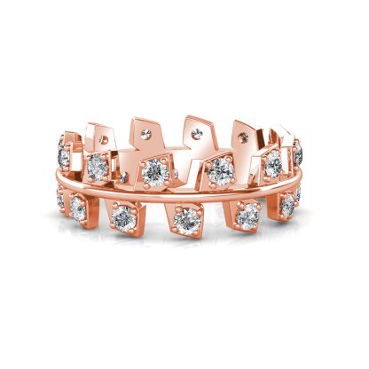 Front view of rose gold staggered square bezel diamond band