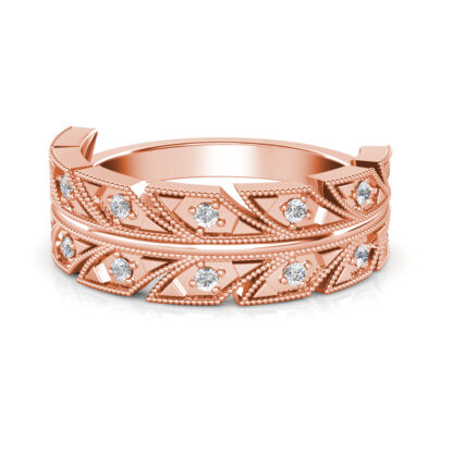 Front view of rose gold milgrain leaf pattern diamond band