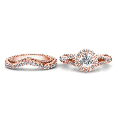 Front view of rose gold curved pave diamond contour wedding band shown beside a halo engagement ring