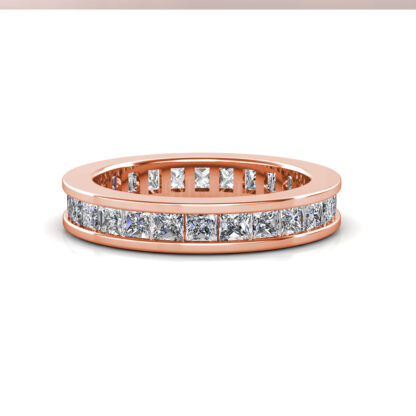 Front view of rose gold princess cut channel-set eternity ring