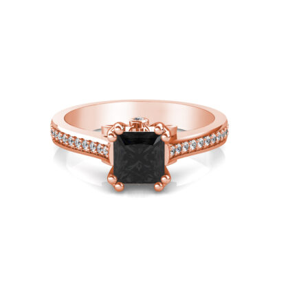 Front view of rose gold black diamond solitaire ring with pave shoulders
