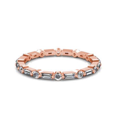 Front view of rose gold baguette and round diamond station eternity band