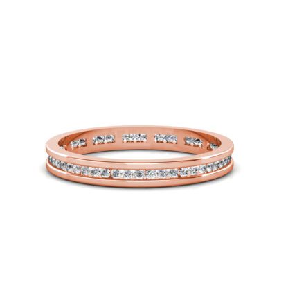 Front view of rose gold slim channel-set diamond eternity band