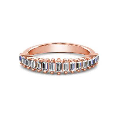 Front view of rose gold prong-set baguette diamond half eternity ring