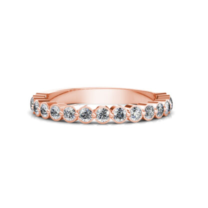 Front view of rose gold bezel-set diamond half eternity band