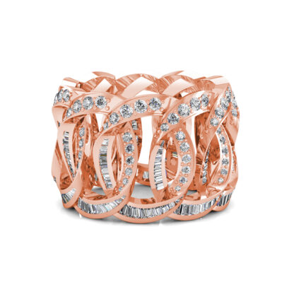 Front view of rose gold interlocking loop baguette diamond wide ring