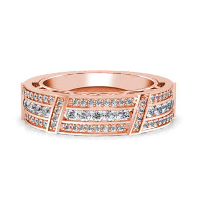 Front view of rose gold wide channel and pave diamond band