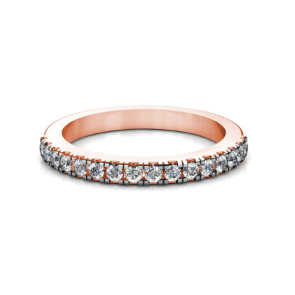 Front view of rose gold shared-prong diamond half eternity band
