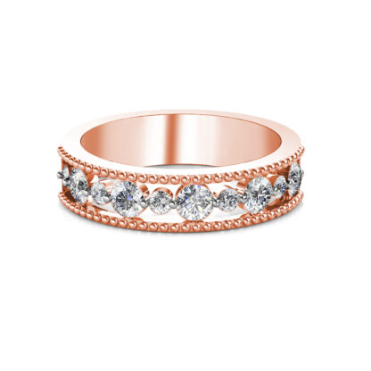 Front view of rose gold beaded milgrain graduated diamond band