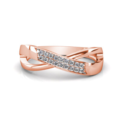 Front view of rose gold pave diamond crossover wedding ring