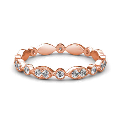Front view of rose gold milgrain marquise station diamond eternity band