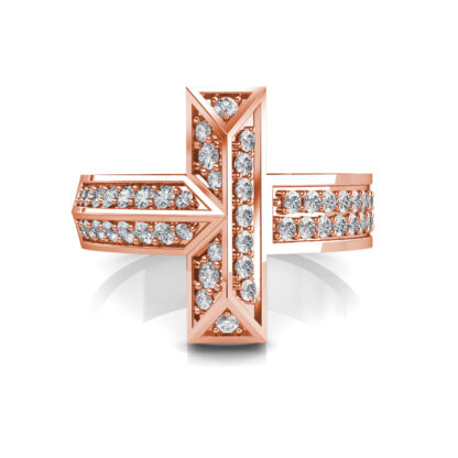 Top-down view of rose gold pave diamond T shape statement ring