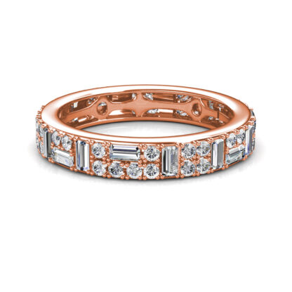 Front view of rose gold baguette and round diamond eternity ring