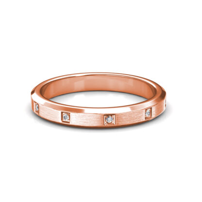 Front view of rose gold beveled edge flush-set diamond band