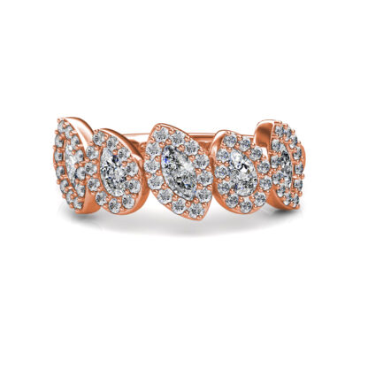 Front view of rose gold pear and marquise diamond halo band