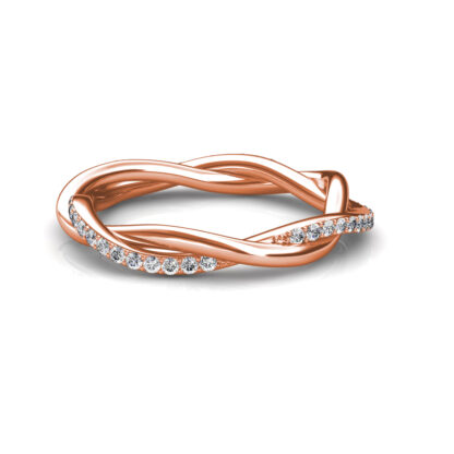 Front view of rose gold twisted pave diamond rope band