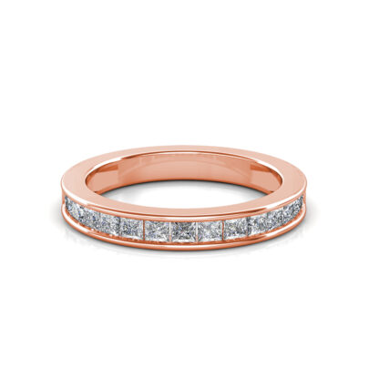 Front view of rose gold princess cut channel-set diamond band ring