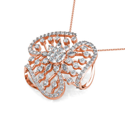 Rose gold floral diamond pendant with pavé-outlined petals, angled view