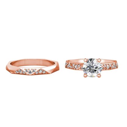 Front view of rose gold faceted geometric diamond band shown beside a halo engagement ring