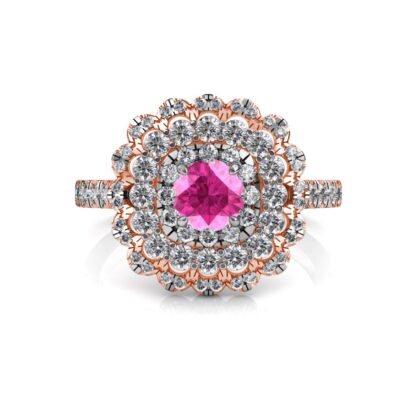 Top-down view of rose gold pink sapphire diamond triple halo ring