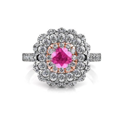 Top-down view of white gold with a rose gold inner halo pink sapphire diamond triple halo ring