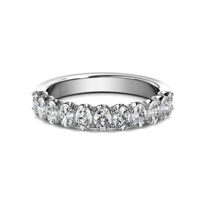 Front view of white gold or platinum oval diamond half eternity ring