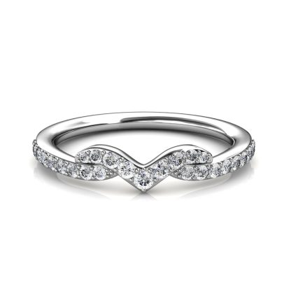 Front view of white gold or platinum twisted V pave diamond stacking band