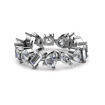 Front view of white gold or platinum mixed shape diamond eternity band