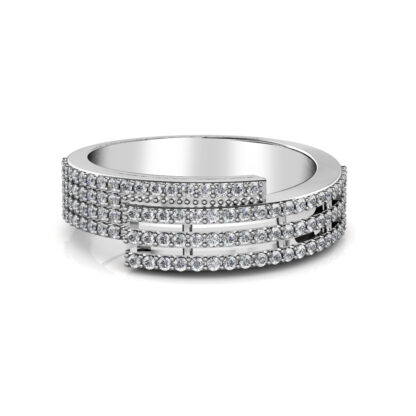 Front view of white gold or platinum four row pave diamond bypass band
