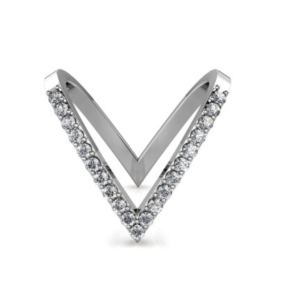 Front view of white gold or platinum elongated V pave diamond ring
