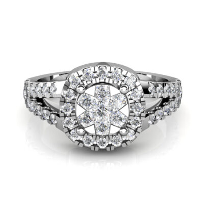 Front view of white gold or platinum illusion cluster halo split shank ring