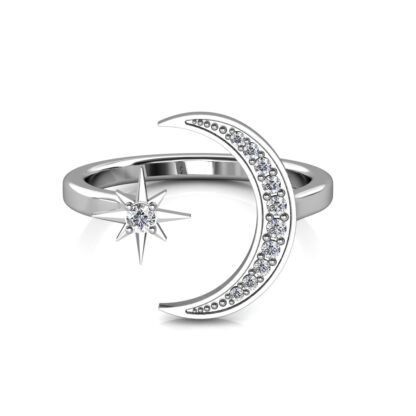 Front view of white gold or platinum crescent moon and star diamond ring